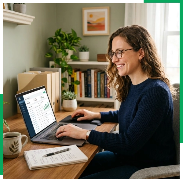 Online bookkeeping professional reviewing income and expense records