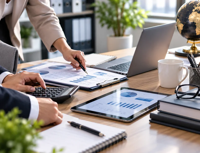 Business owner reviewing financial records with a bookkeeper