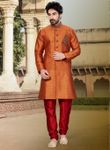 Orange Color Attractive Look Ghicha Silk Indo Western Sherwani