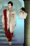 Pin Tuck Charm Cream Color Mens V Neck Royal Sherwani