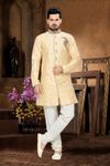 Lovely Jamewar Mens Cream White Color Royal Sherwani