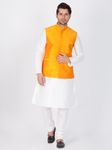 White Kurta Pajama With Saffron Jacket