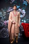 Asymmetrical Peach Wedding Sherwani For Groom