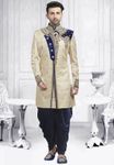 Designer Cream And Blue Brocade Indo Western Sherwani