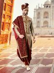 Cream Maroon Embroidered Sherwani With Harem Dhoti Pants