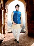 Classy Cream Kurta Set With Velvet Blue Nehru Jacket