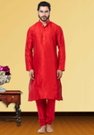 Red Plain Art Silk Kurta Pajama