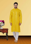 Hexagon Shape Yellow Mirror Work Kurta Pajama