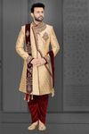 Gold Maroon Brocade Silk Wedding Dhoti Sherwani