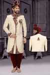Fascinating Brocade Silk Cream Maroon Wedding Sherwani