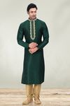 Bottle Green Embroidered Kurta With Golden Pajama