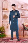 Party Wear Green Indo Western Sherwani In Imported Suiting Fabric