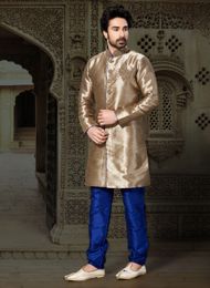 Brown Color Adolescent Ghicha Silk Indo Western Sherwani