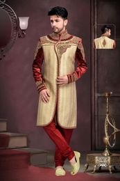 First Impression Chinese Collar Beige Maroon Royal Sherwani