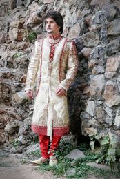 Extravagant Banarasi Mens Beige Color Royal Sherwani