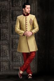 Impress Your Self Chinese Collar Cream Royal Sherwani