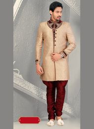 Sprting Ethnic Look Beige Color Sherwani