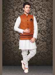 Marvelous Look Orange Color Linen Nehru Jacket