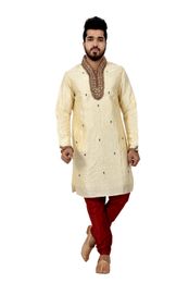 Cream Brocadesilk Kurta Pyjama