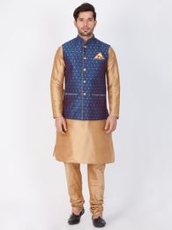 Gold Kurta Pajama With Egyptian Blue Jacket