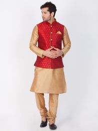 Gold Kurta Pajama With Bright Maroon Jacket