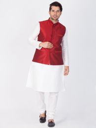 White Kurta Pajama With Maroon Jacket