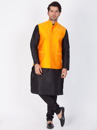 Black Kurta Pajama With Saffron Jacket