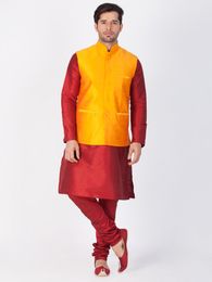 Maroon Kurta Pajama With Saffron Jacket