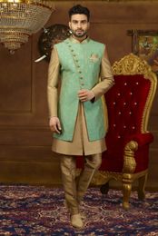 Sea Green Gold 3 Piece Indo Western Sherwani