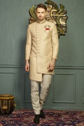 Imported Jaqurd Asymmetrical Beige Indo Western Sherwani