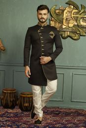 Jaqurd Asymmetrical Black Elegant Look Indo Western Sherwani