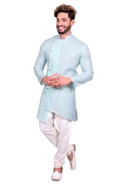 Cyan Asymmetrical Cotton Indo Western Sherwani