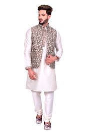 Off White Kurta Set With Brocade Silk Copper Golden Jacket
