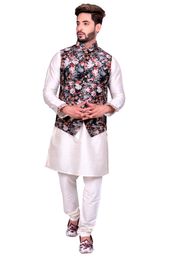 Traditional Off White Kurta Set With Black Multi Floral Print Jacket