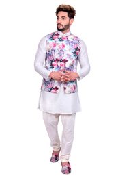 Off White Kurta Set With Multi Floral Print Silk Jacket