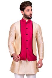 Beige Kurta Set With Fuchsia Silk Jacket
