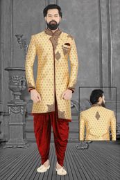 Golden Asymmetrical Wedding Dhoti Sherwani