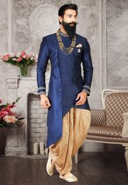 Designer Navy Blue Silk Indo Western Sherwani