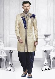 Designer Cream And Blue Brocade Indo Western Sherwani