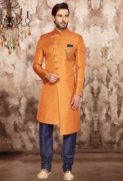 Rusty Yellow Asymmetrical Indo Western Sherwani