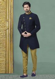 Asymmetrical Designer Navy Blue Silk Indo Western Sherwani