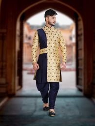 Nawabi Look Gold Blue Sherwani