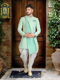 Beautifully Designed Pista Color Indo Western Sherwani