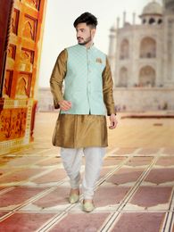 Golden Silk Kurta With Luckhnavi Silk Pista Nehru Jacket