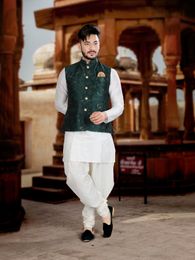 White Kurta Set With Luckhnavi Silk Bottle Green Nehru Jacket