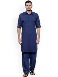 Blue Cotton Pathani Set For Men