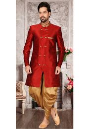 Regal Red Silk Fabirc Indo Western Sherwani