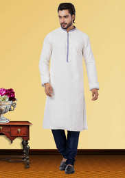 Self Chikankari Work White Purple Kurta Pajama