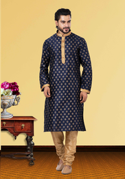 Royal Blue Self Print Kurta Set