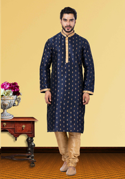 Self Printed Navy Blue Kurta Pajama